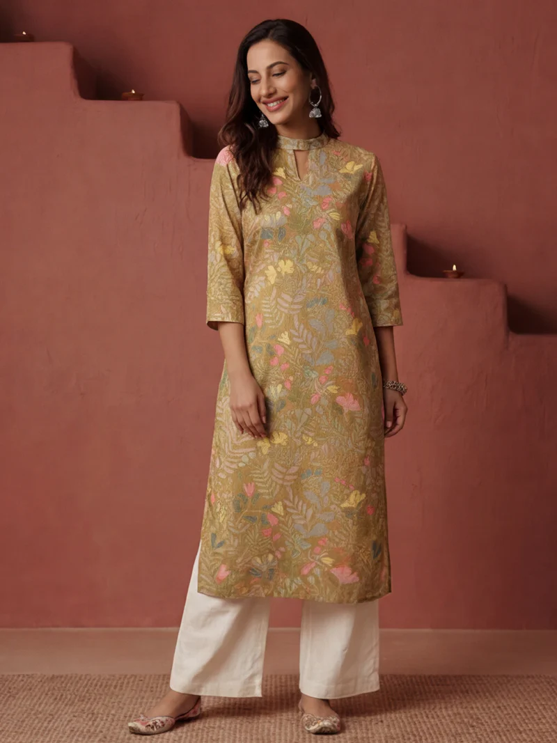 Mustard Jungle Floral Mandarin Kurti Set