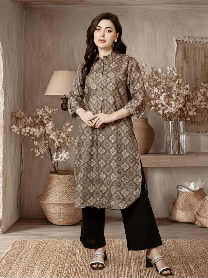 Olive Ajrakh Mandarin Long Kurti Set