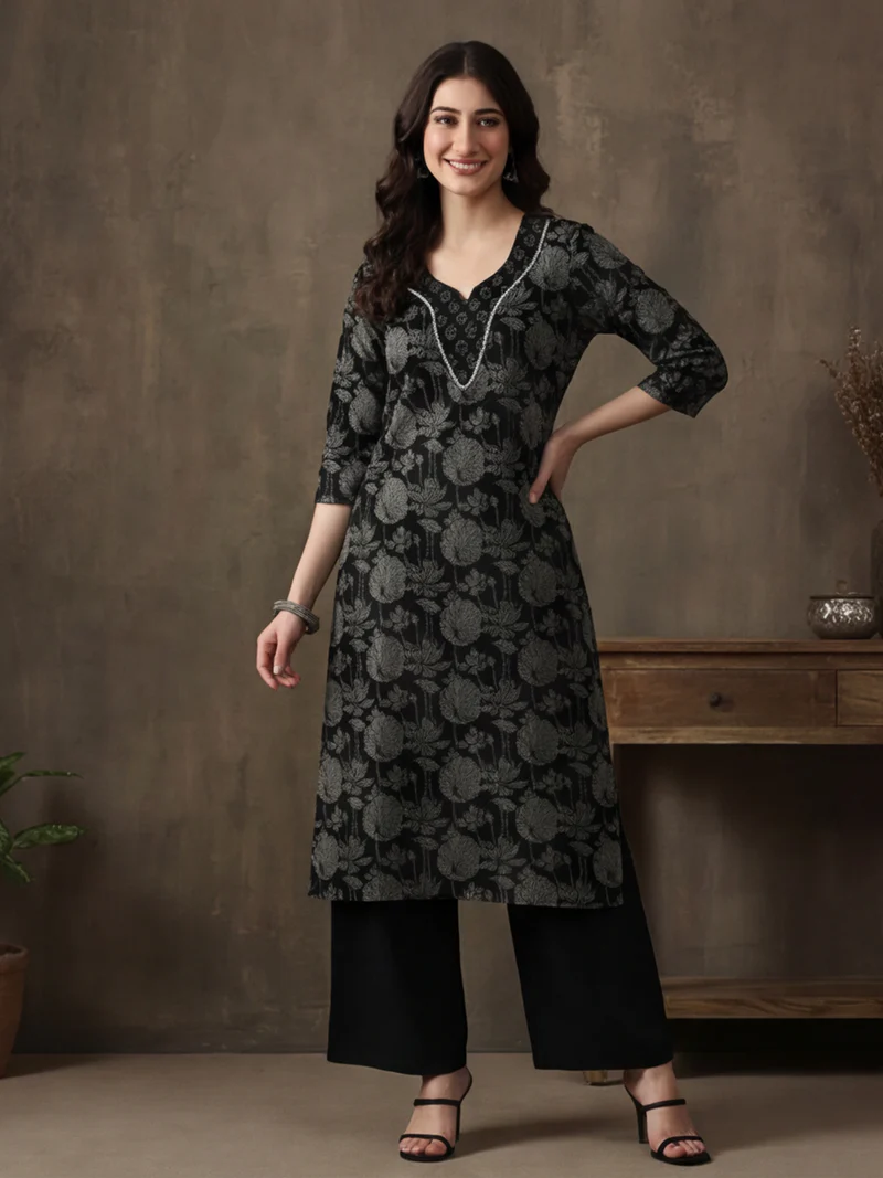 Midnight Black Floral Notch-Neck Kurti Set