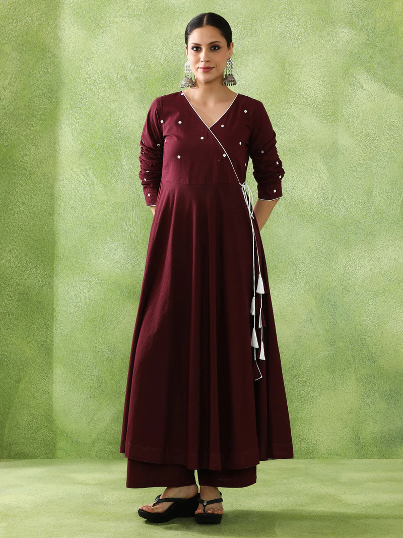 Maroon Mirror Work Angrakha Anarkali Kurti Set