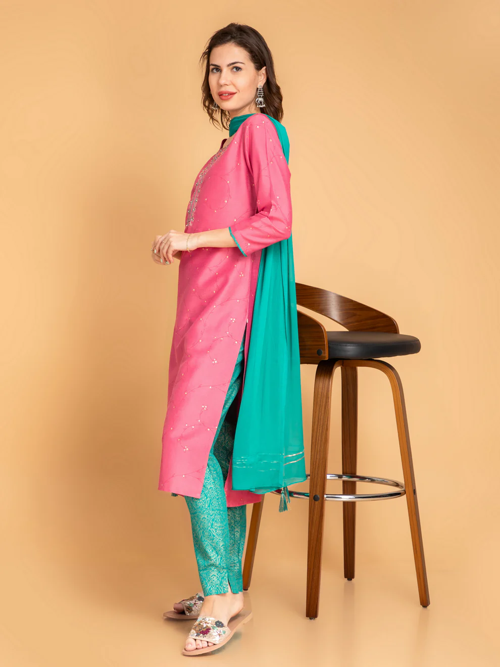 Rose Pink Mirror Work Straight Kurti Set
