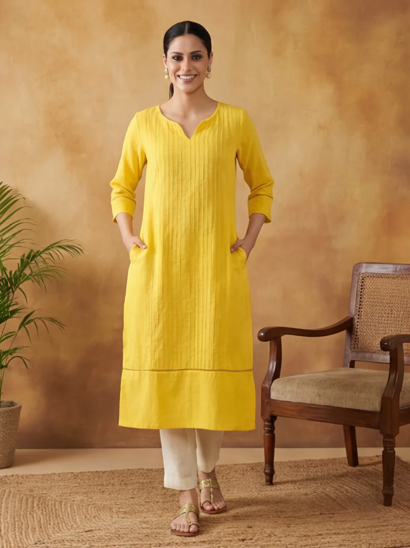 Sunshine Yellow Pintuck Kurti Set with Pockets