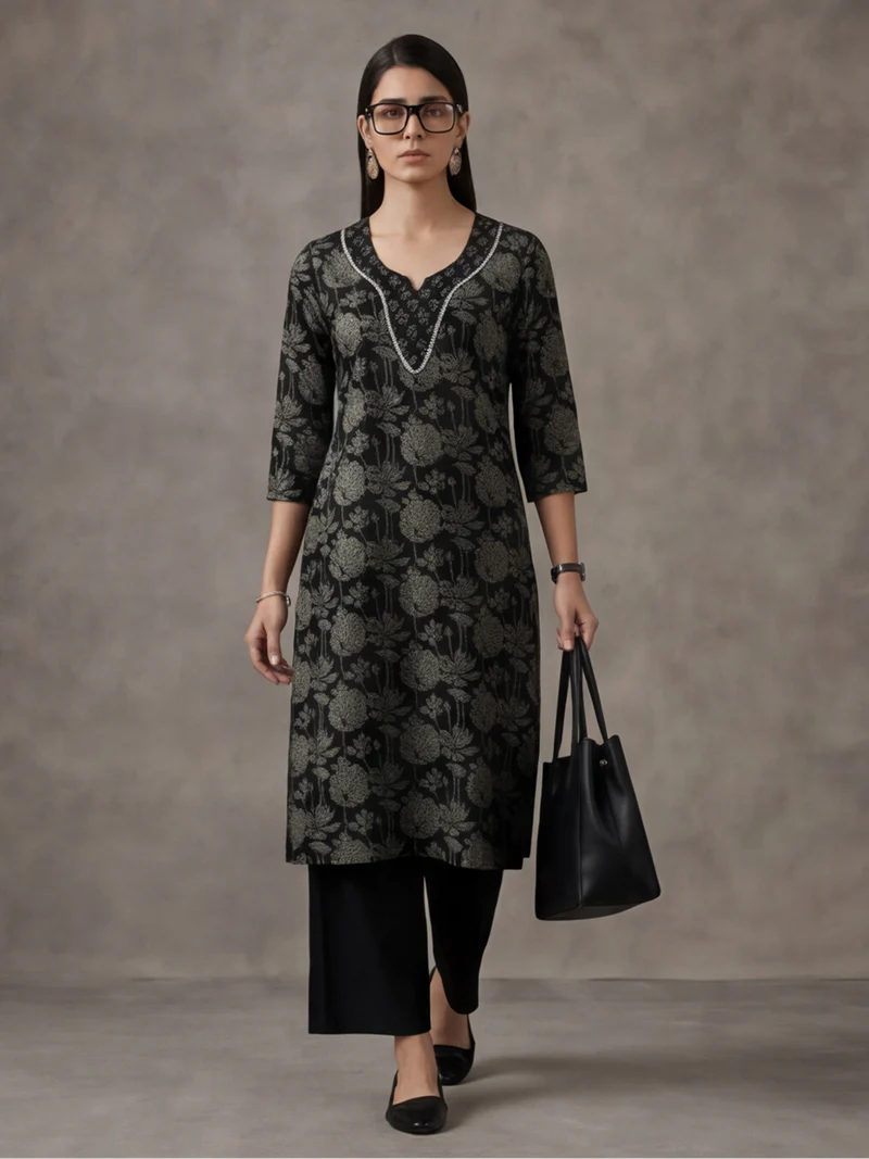 Black Floral V-Neck Pearl Detail Kurti Set