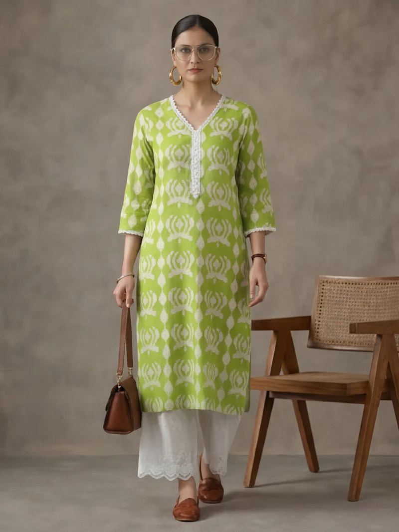 Lime Green Ikat Print Lace V-Neck Kurti Set