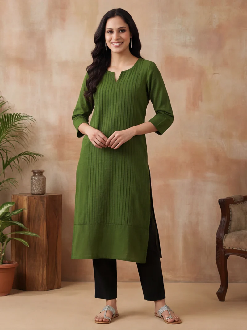 Olive Green Pintuck Pure Cotton Kurti Set