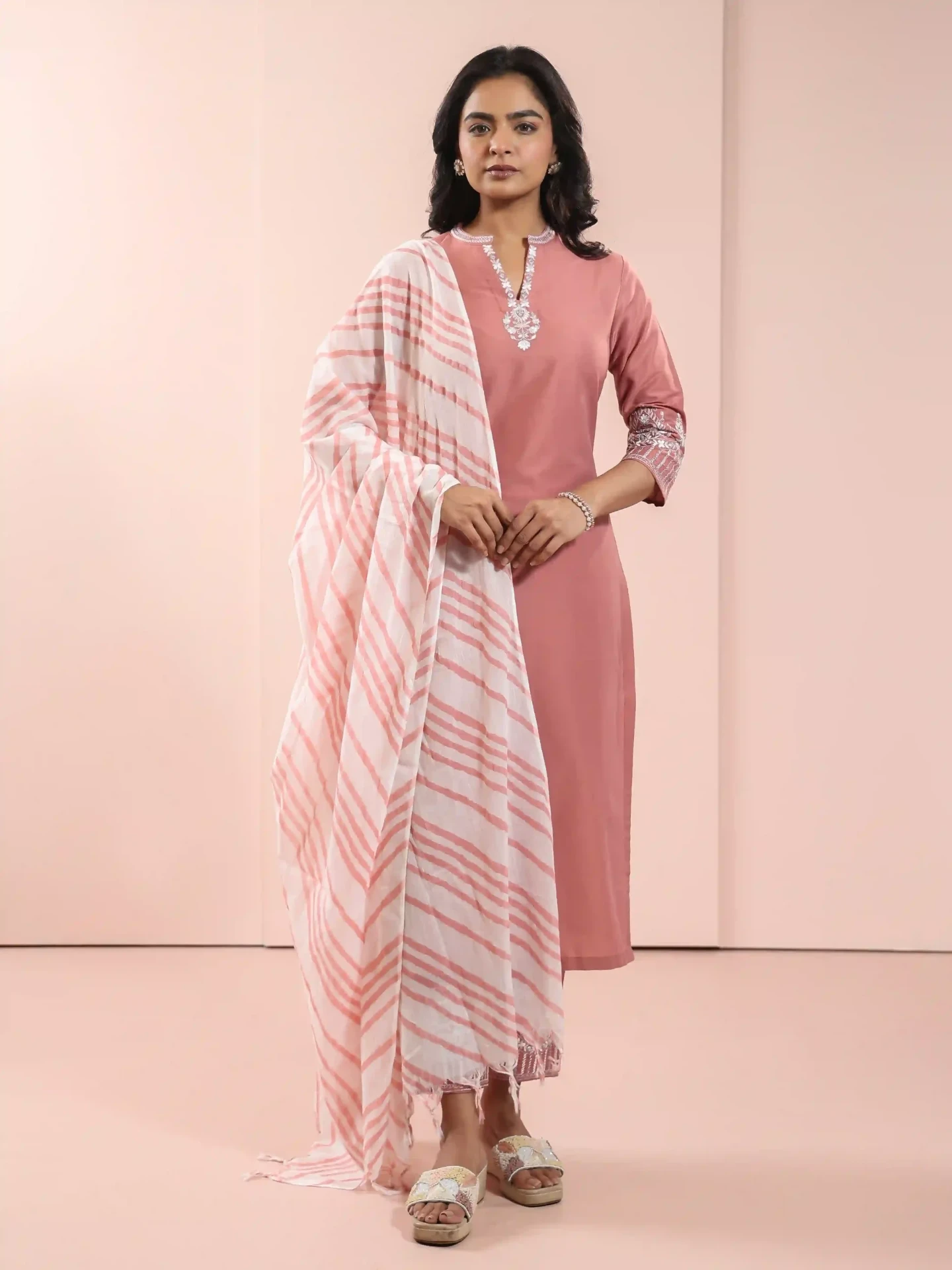 Rose Blush Embroidered Mandarin Kurti Set