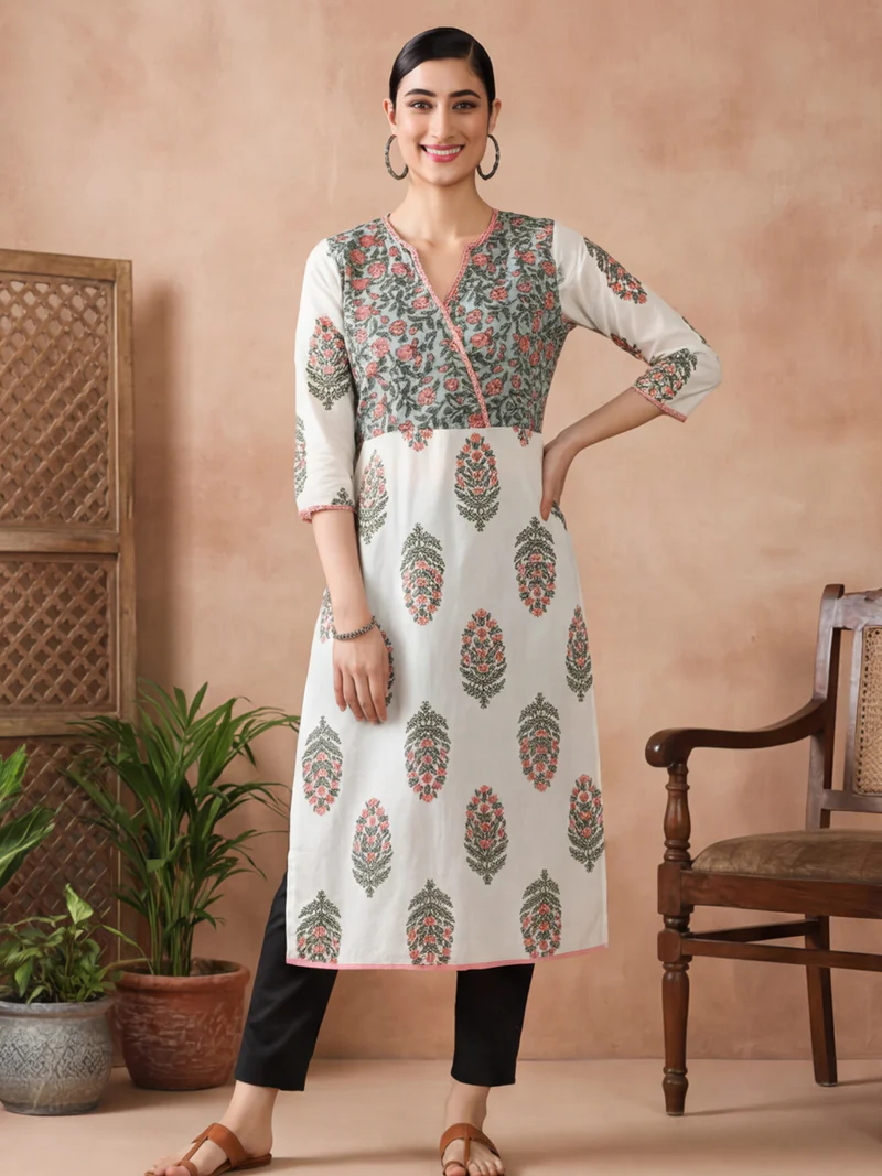 Off-White Mughal Motif Angrakha Kurti Set