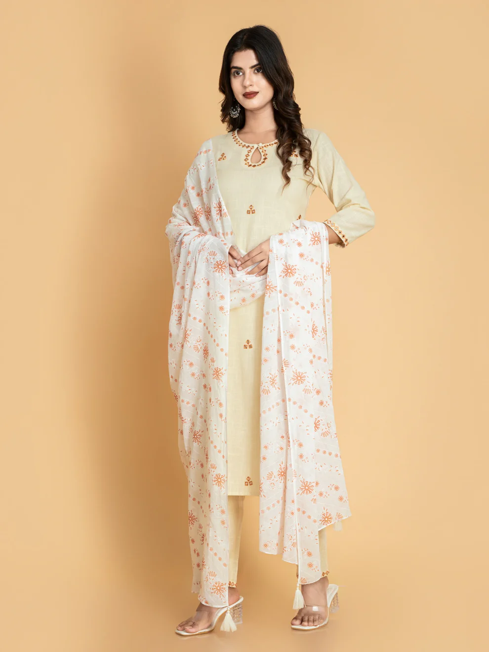 Ivory Cream Chikan Embroidered Kurti Set