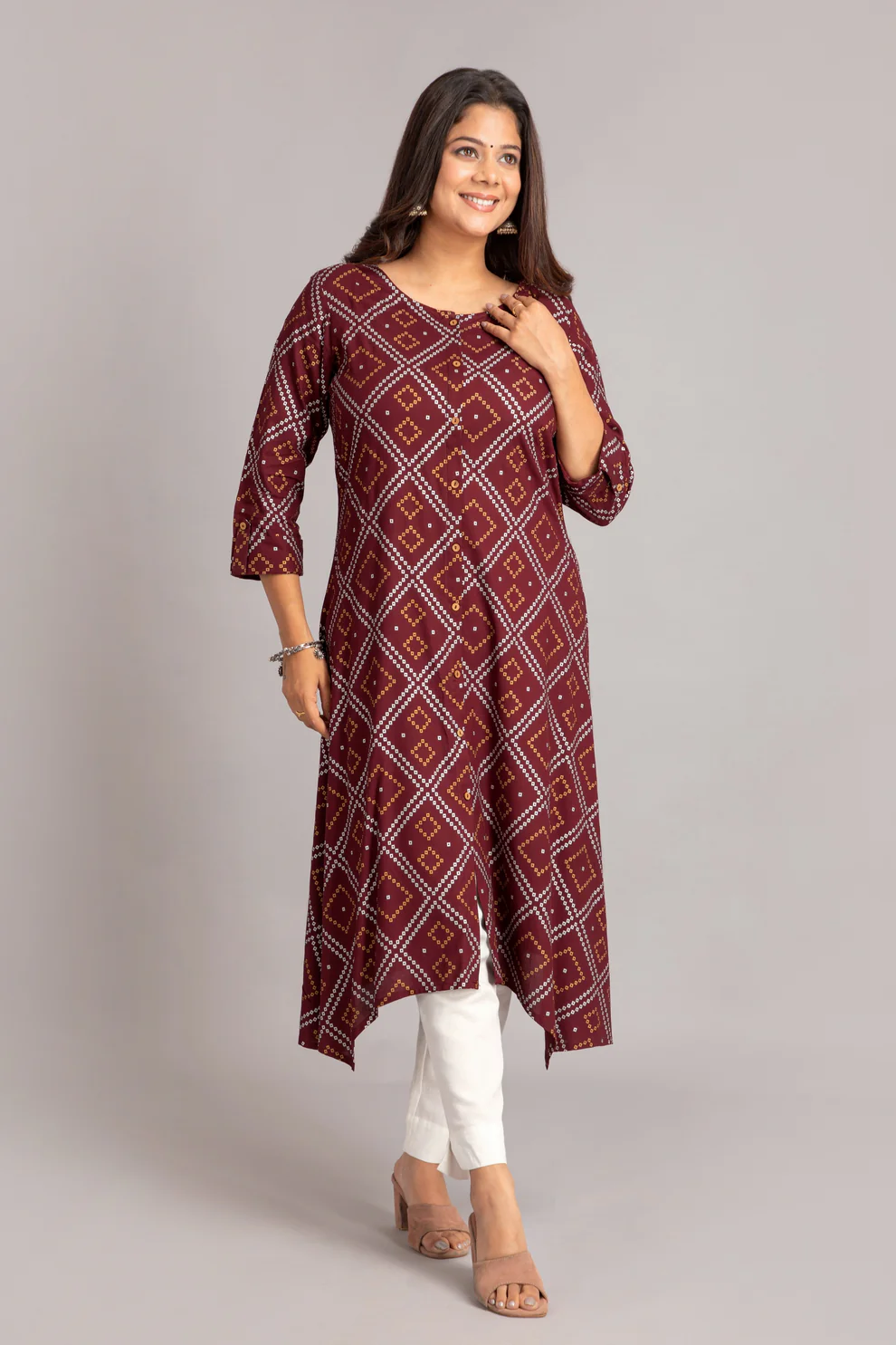 Maroon Bandhani Diamond Print A-Line Kurti
