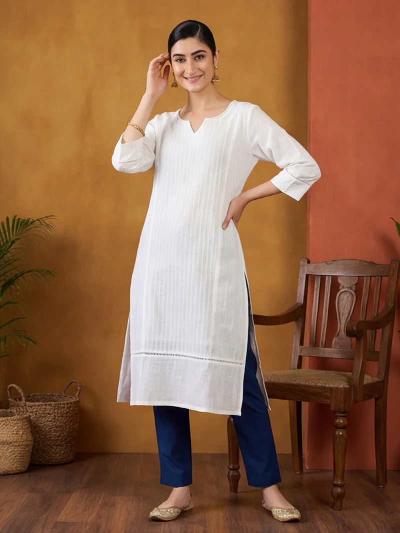 White Pintuck Cotton Kurti Set with Lace Hem