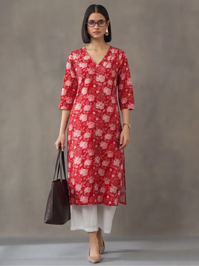Red Rose Print V-Neck Cotton Kurti Set