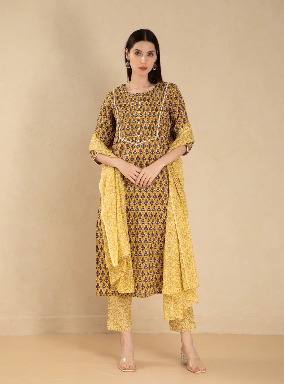 Mustard Butti Pure Cotton Kurti Set