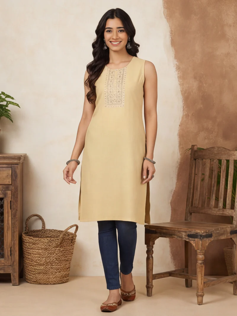 Beige Chikankari Sleeveless Kurti Set
