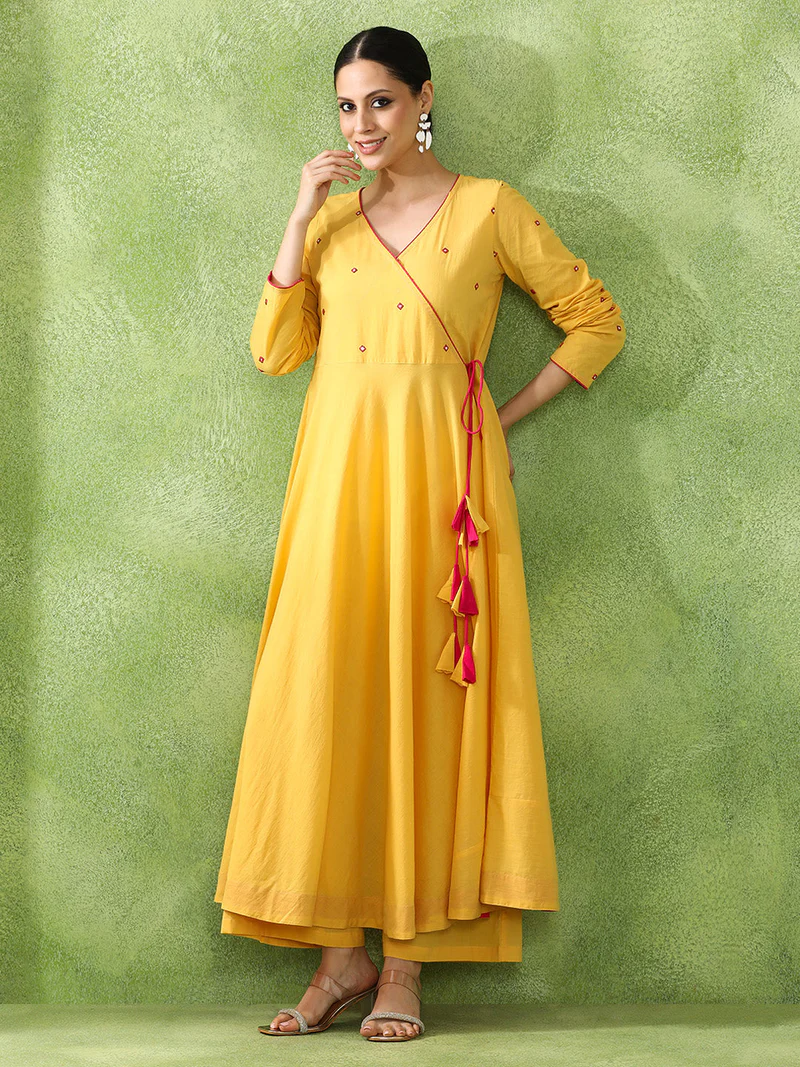 Haldi Mustard Mirror Angrakha Anarkali Kurti Set