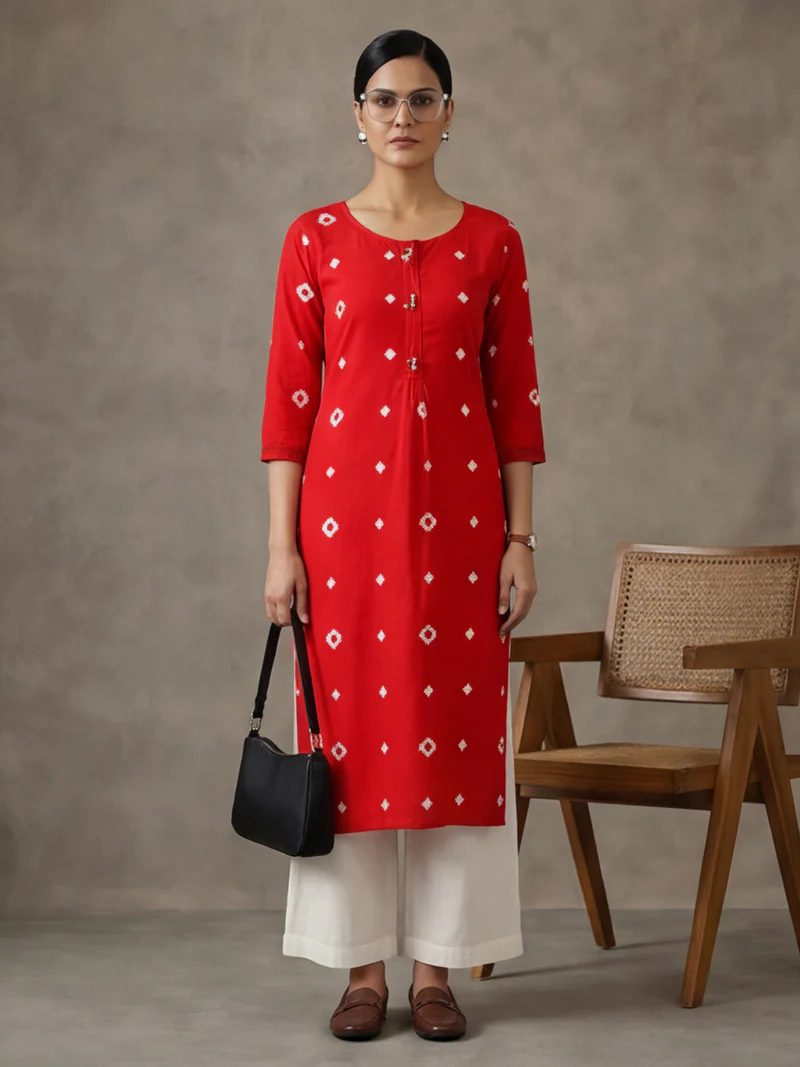 Red Bandhani Button-Detail Straight Kurti Set
