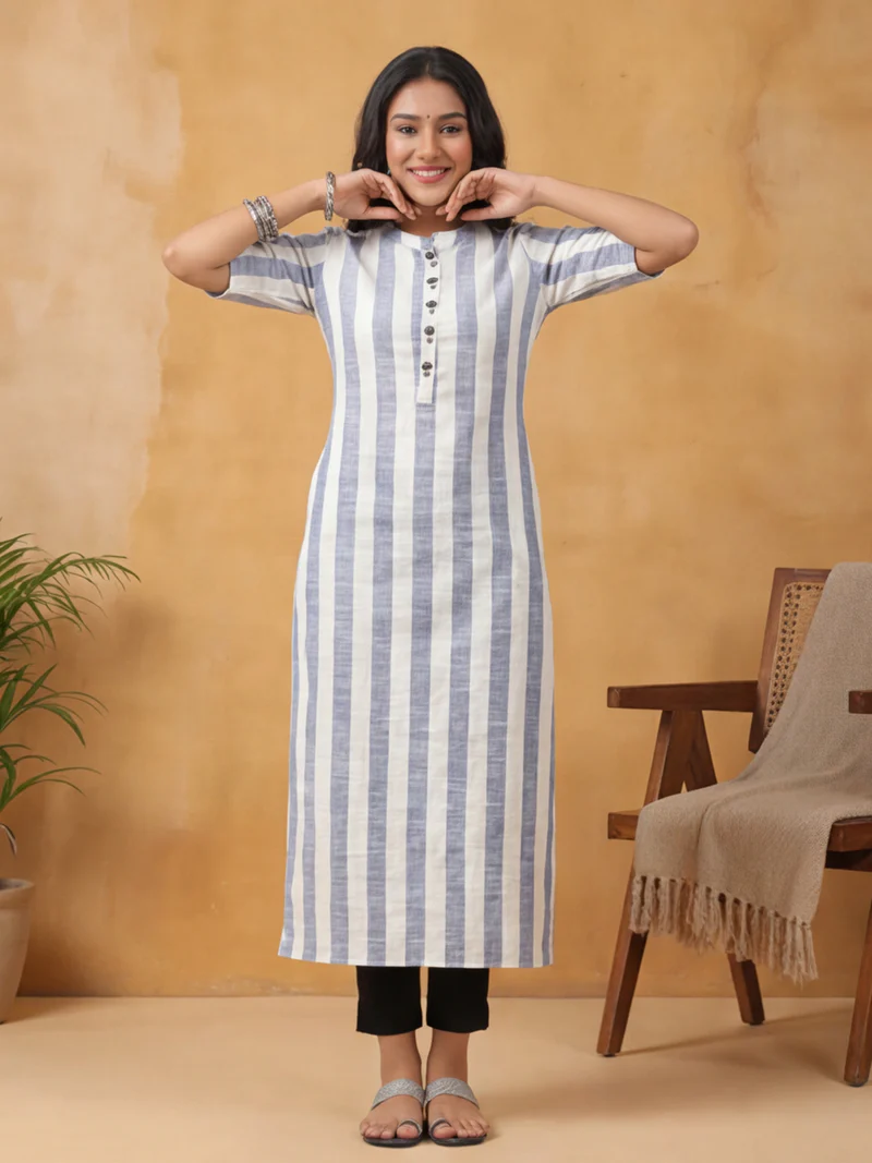 Indigo Stripe Pure Cotton Straight Kurti Set