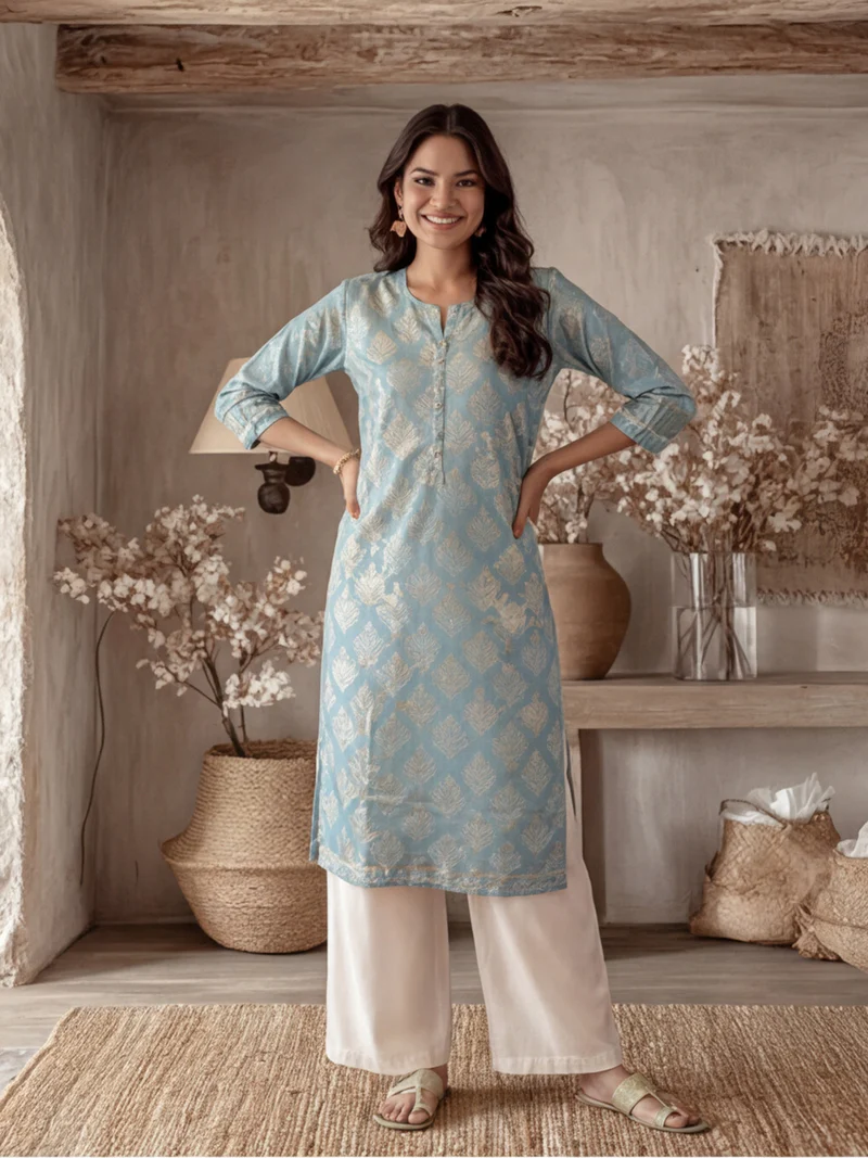 Powder Blue Gold Foil Damask Kurti Set