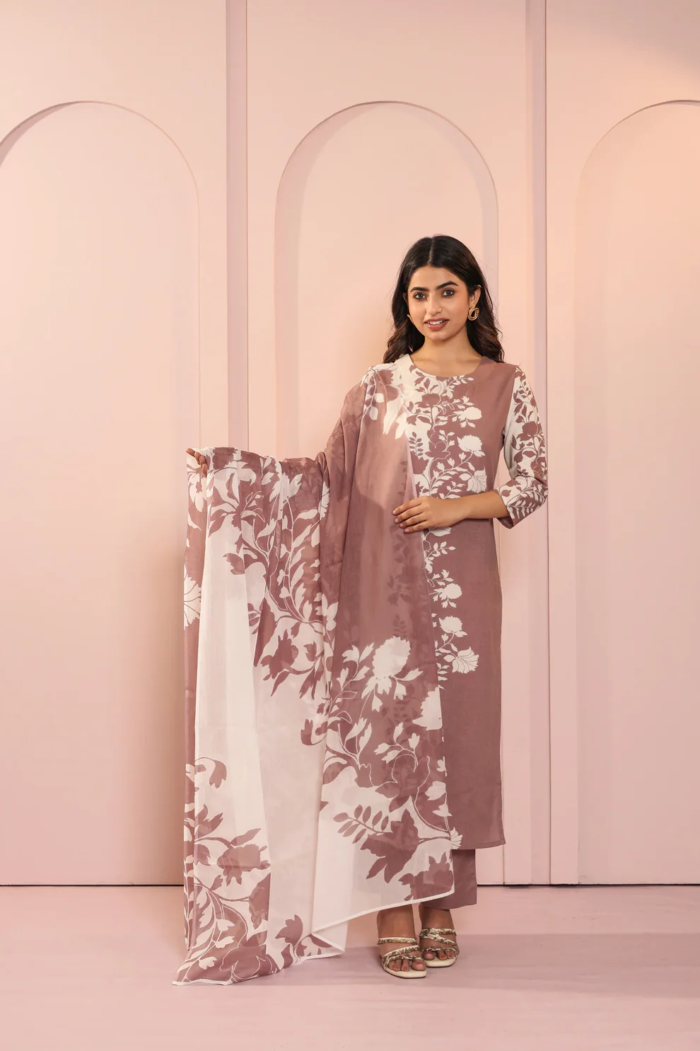 Mauve White Floral Print Straight Kurti Set