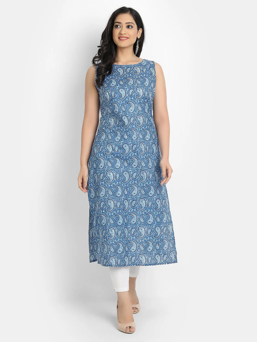 Indigo Paisley Block Print Sleeveless A-Line Kurti