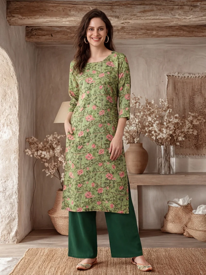 Sage Rose Garden Round-Neck Kurti Set